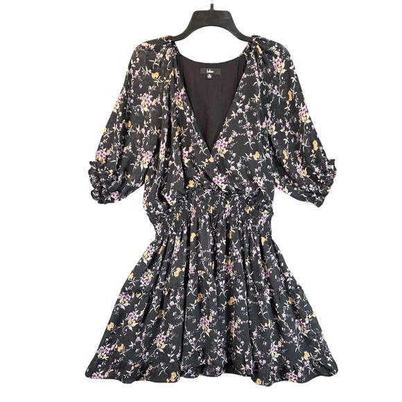 Lulus Floral Clip Dot Smocked Tiered Mini Dress XL Black Puff Sleeve Chiffon - Picture 2 of 16